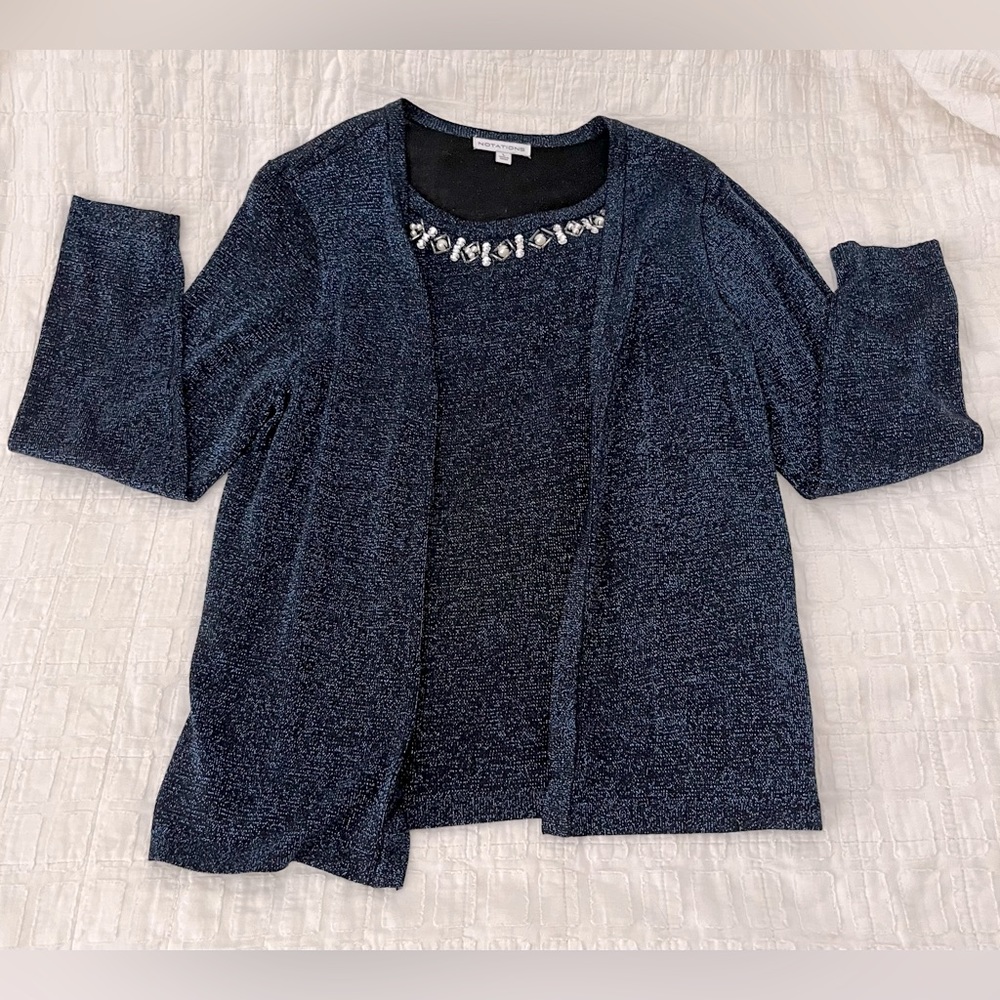 NOTATIONS Large navy blue blingy attached sweater set with shimmer